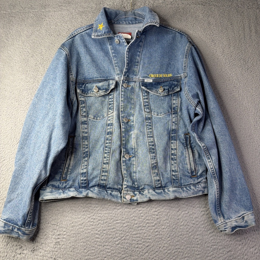 Vintage 90s Cirque Du Soleil Esprit Denim Truckers Jacket Unisex L Embroidered